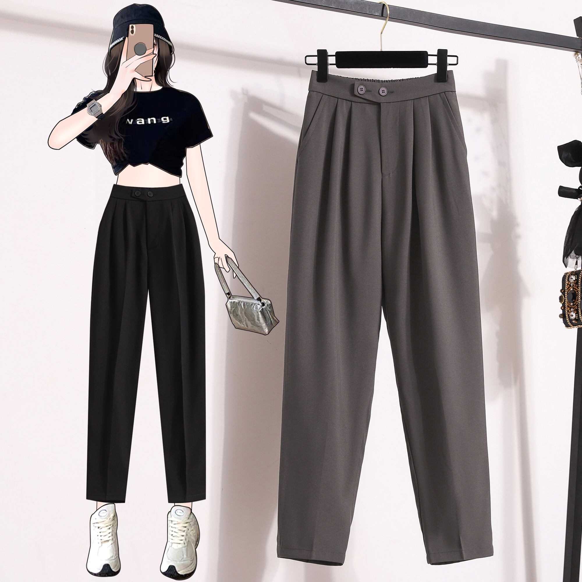 B85(7135) 韩版横双同色系钮显瘦捏痕6色西装哈伦烟管裤