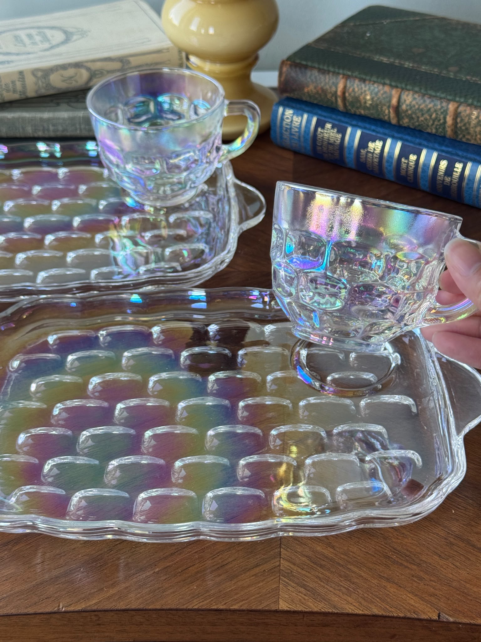 Vintage C.a. 1960s USA Federal Glass Yorktown “Thumbprint” Iridescent Snack Set -2 Sets  (MT2641)