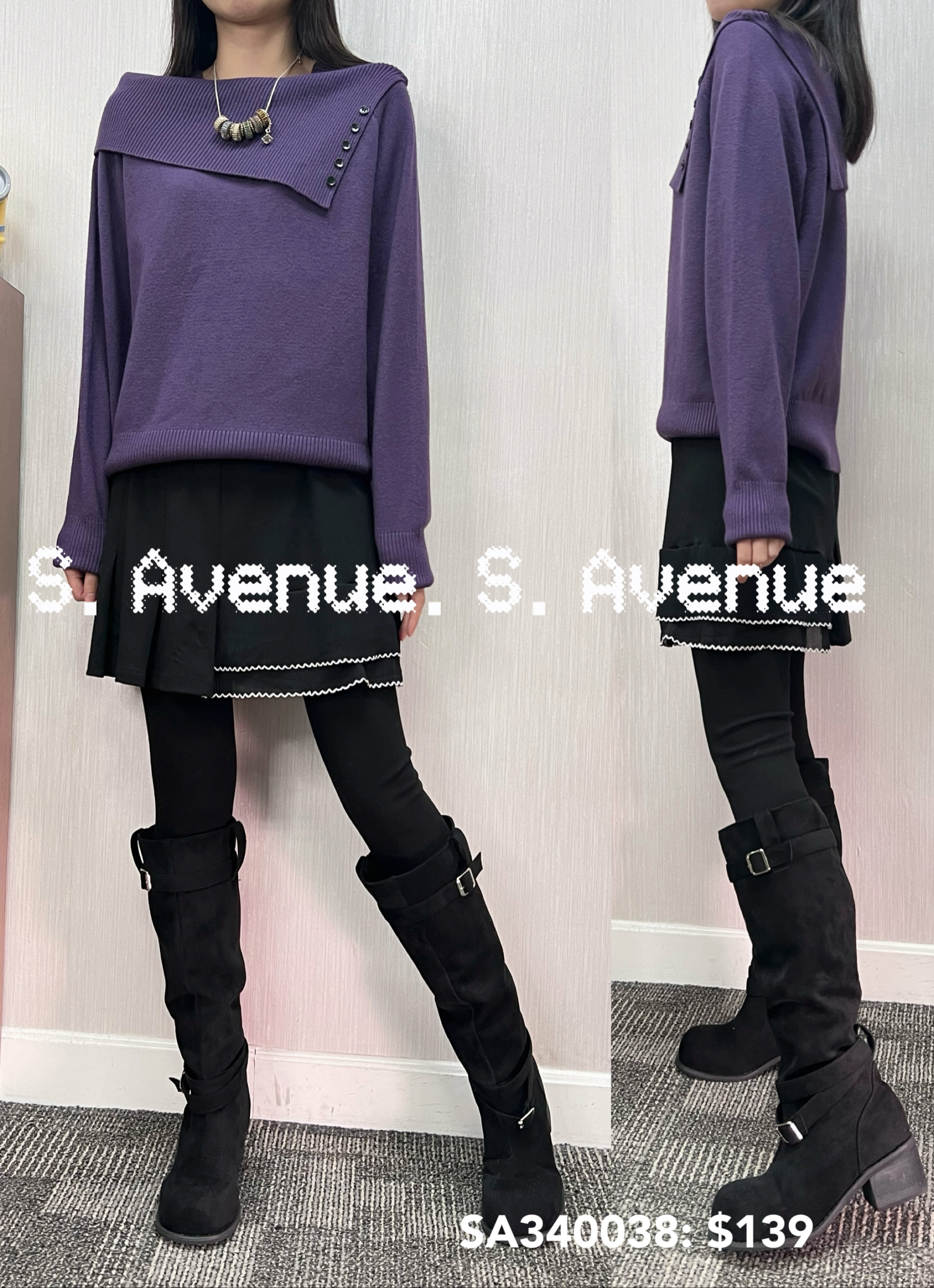 SA340038: 長袖大反領裝飾鈕軟冷top