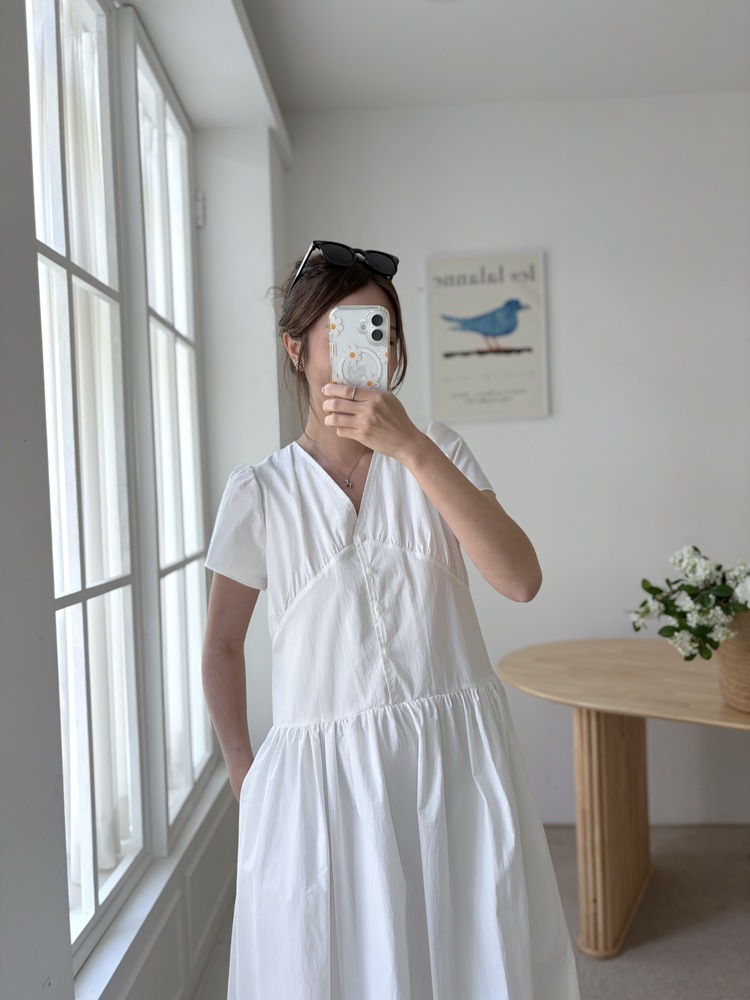 Airy Button Front Long Dress (White)