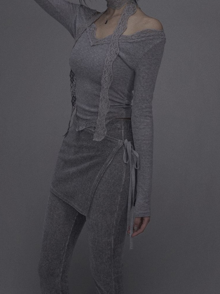 Lace V-Neck Top and Scarf Set