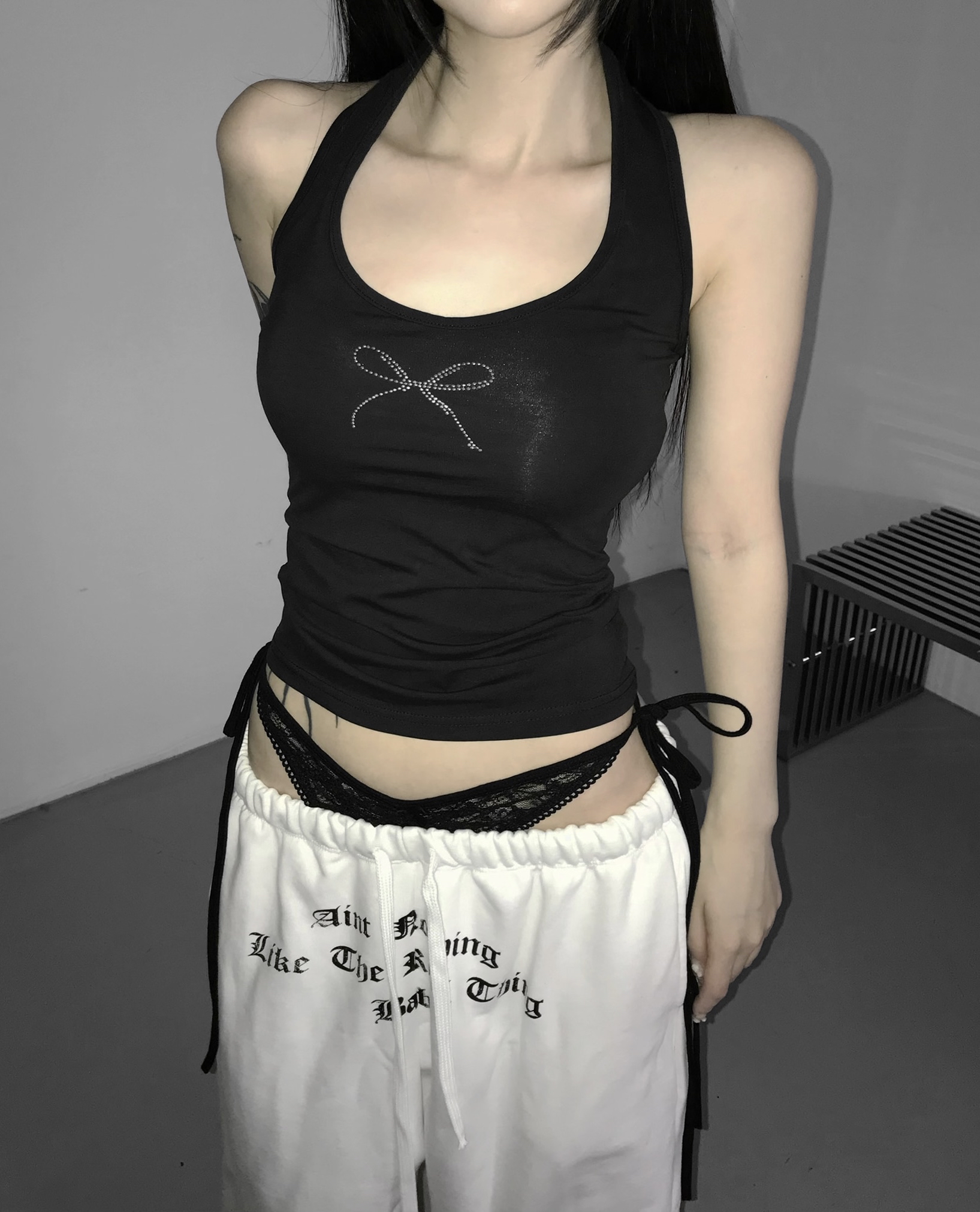 Layered Lace Waist Graphic Wide Leg Pants