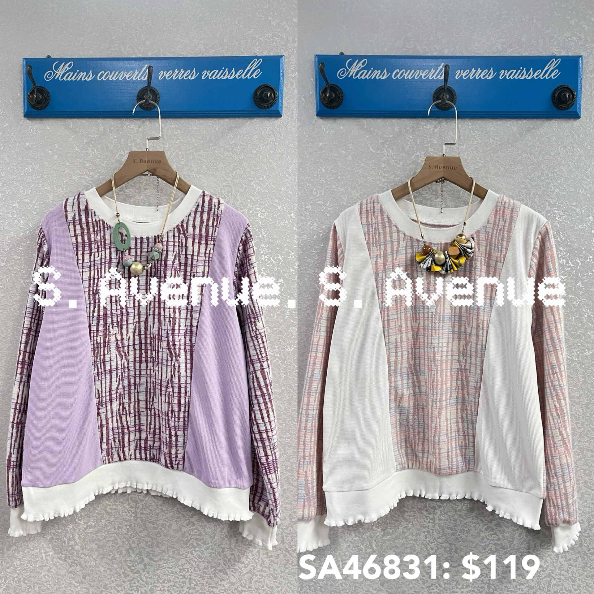 SA46831:長袖側拼布格仔top