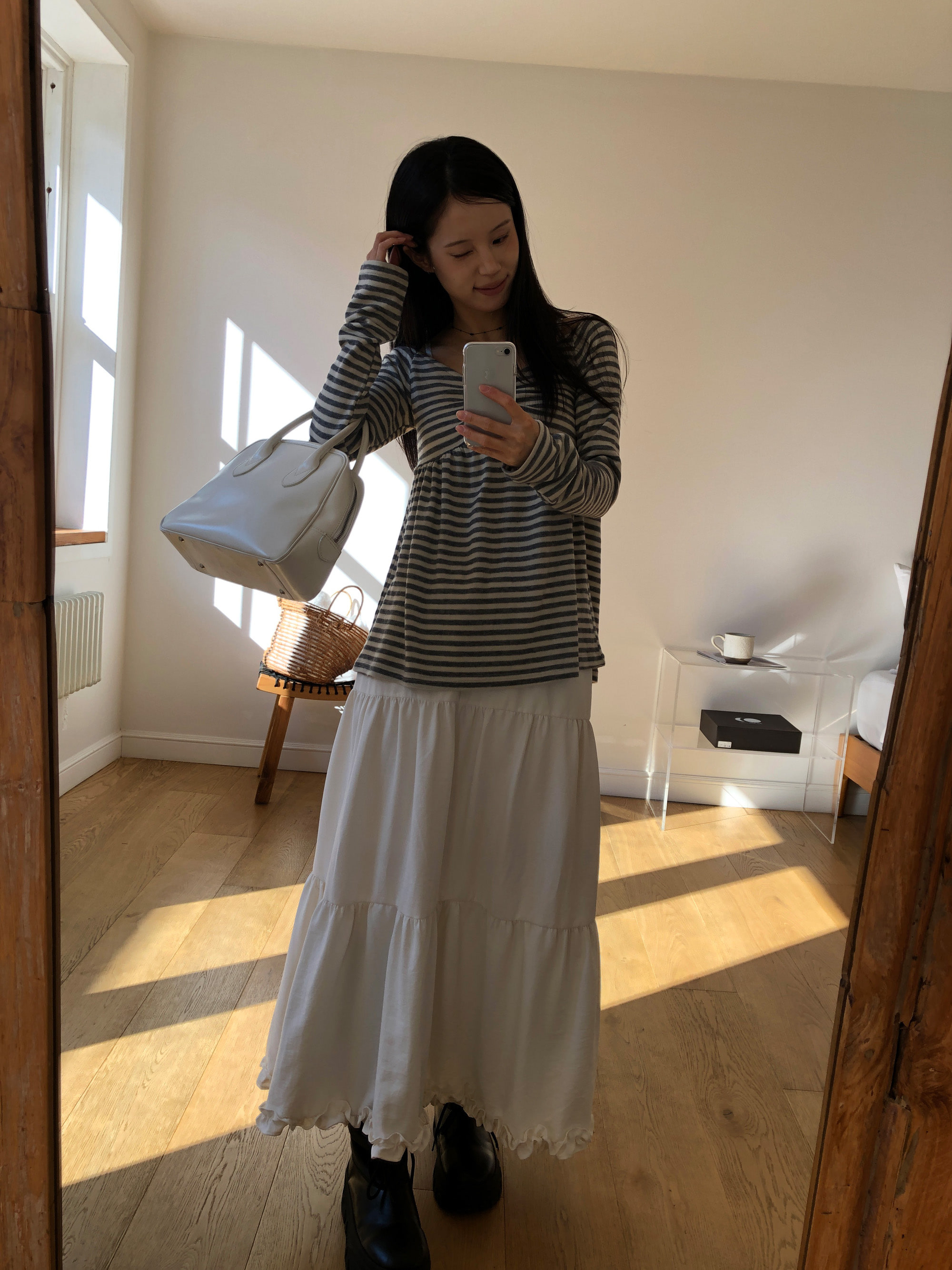 Striped Bow Ruched Long Sleeve