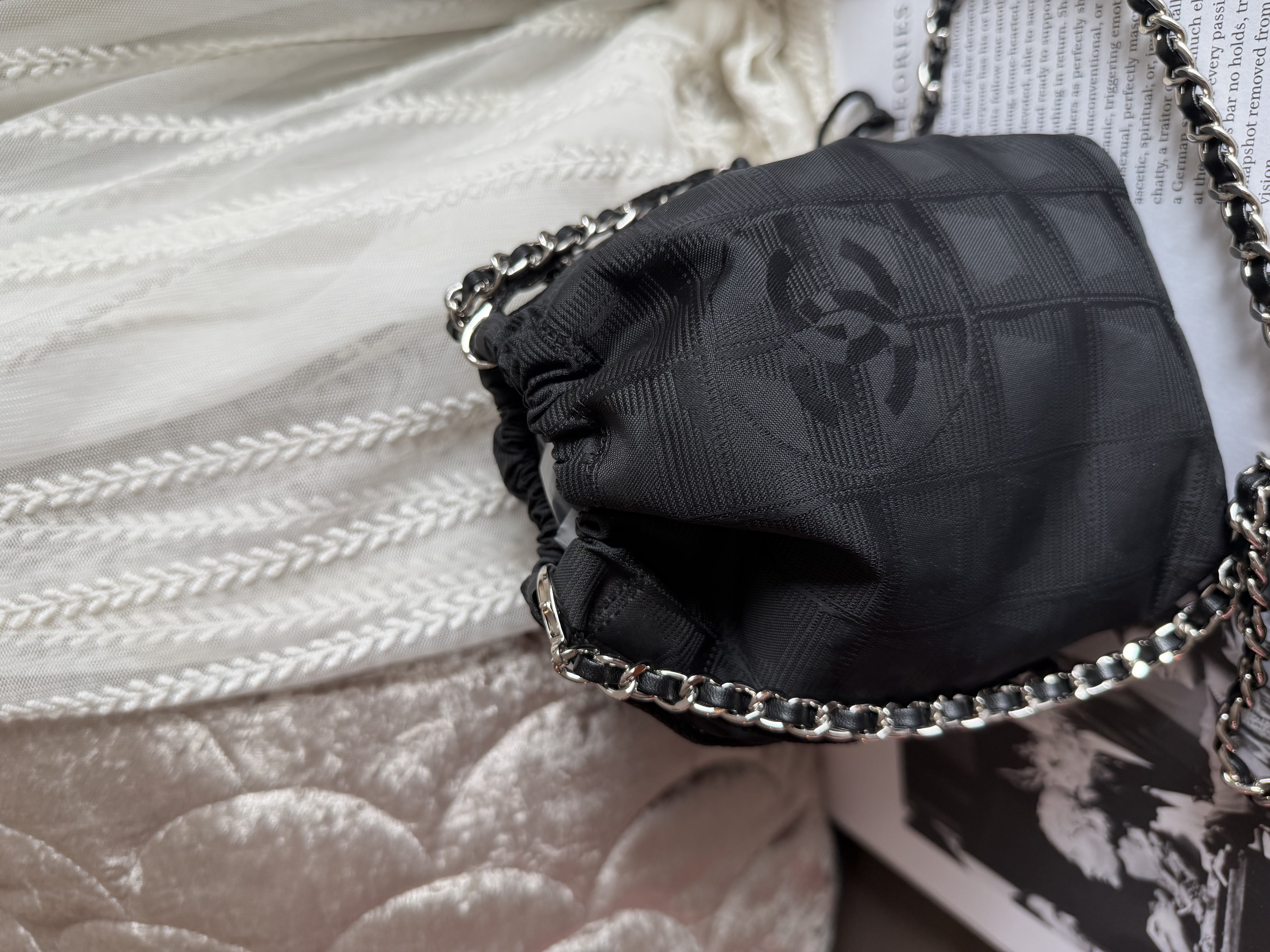 vintage chanel black drawstring vanity bag 