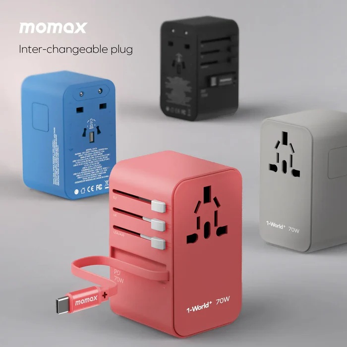 Momax 1-World+ 70W GaN 3插口及內置伸縮USB-C充電線旅行插座(黑色)