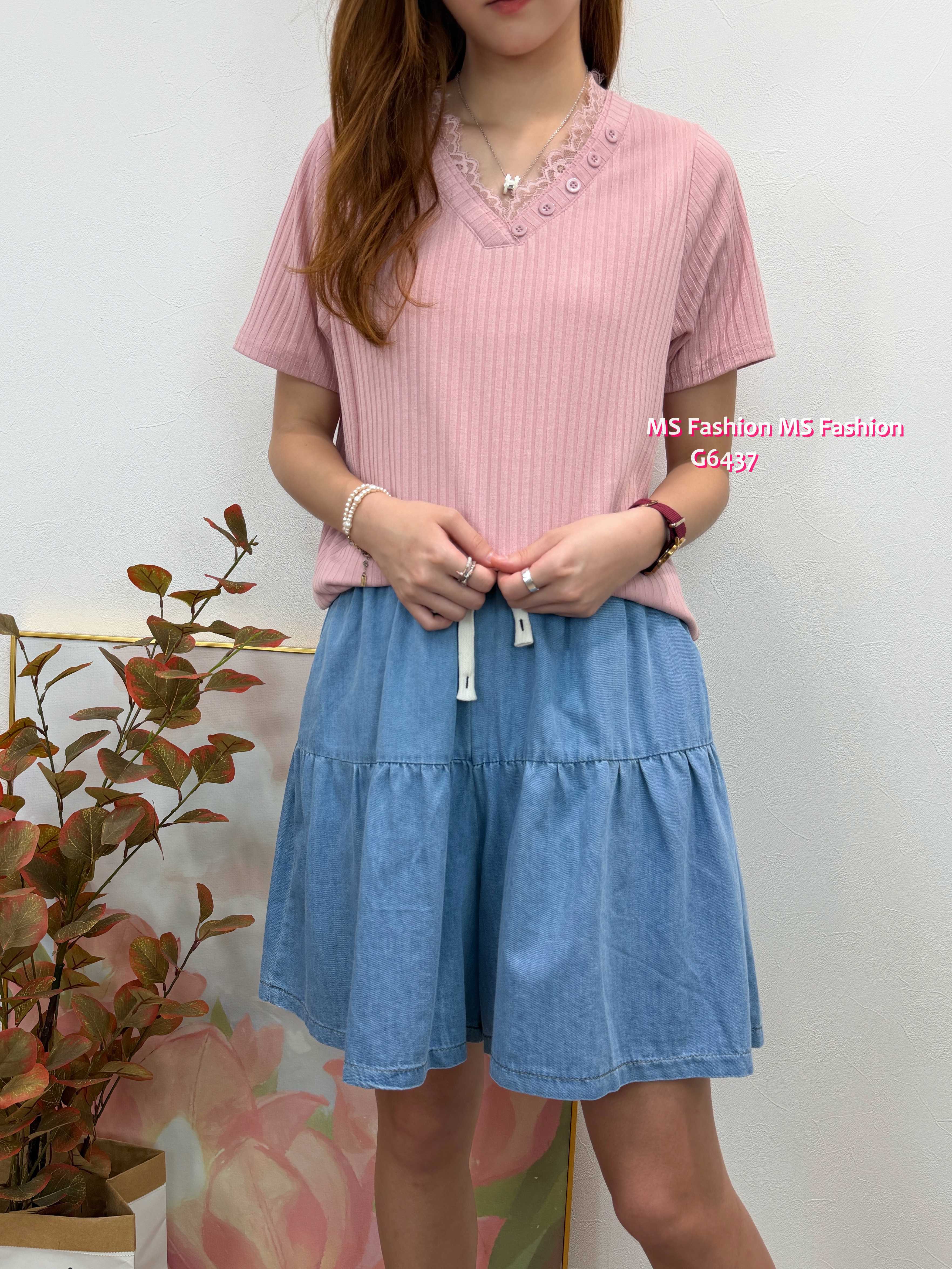G6437 V領lace暗直紋top