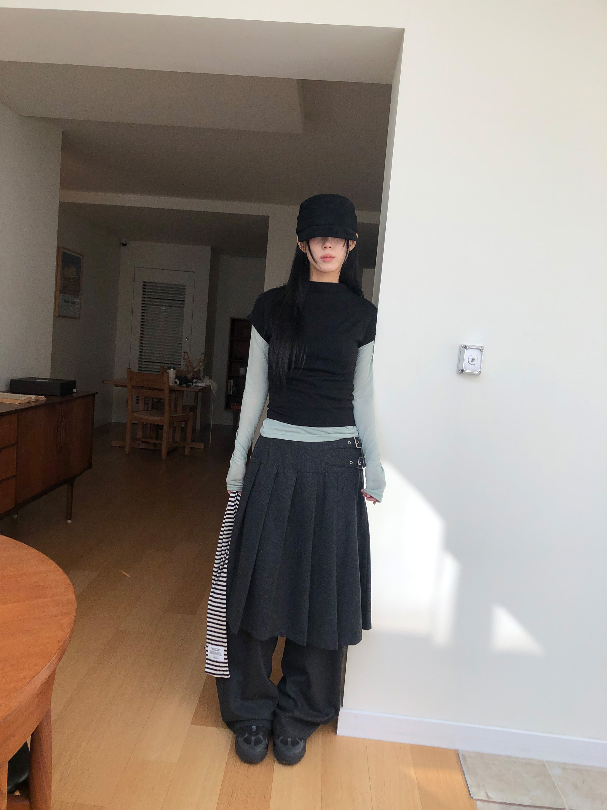 Pleated Layered Buckle Skirt Pants