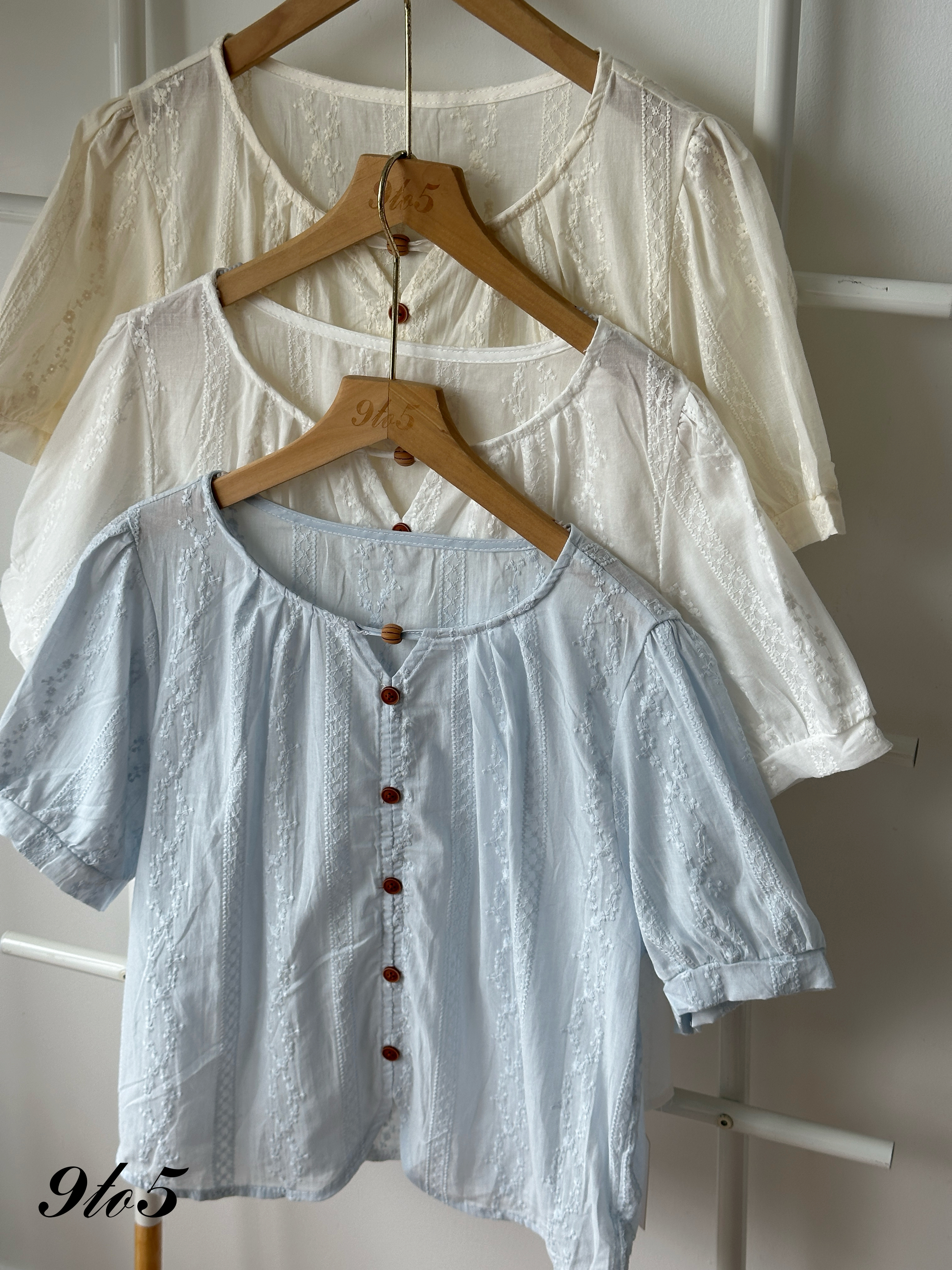 T4421 Puff Sleeve Embroidery Floral Blouse - 3 Colors 