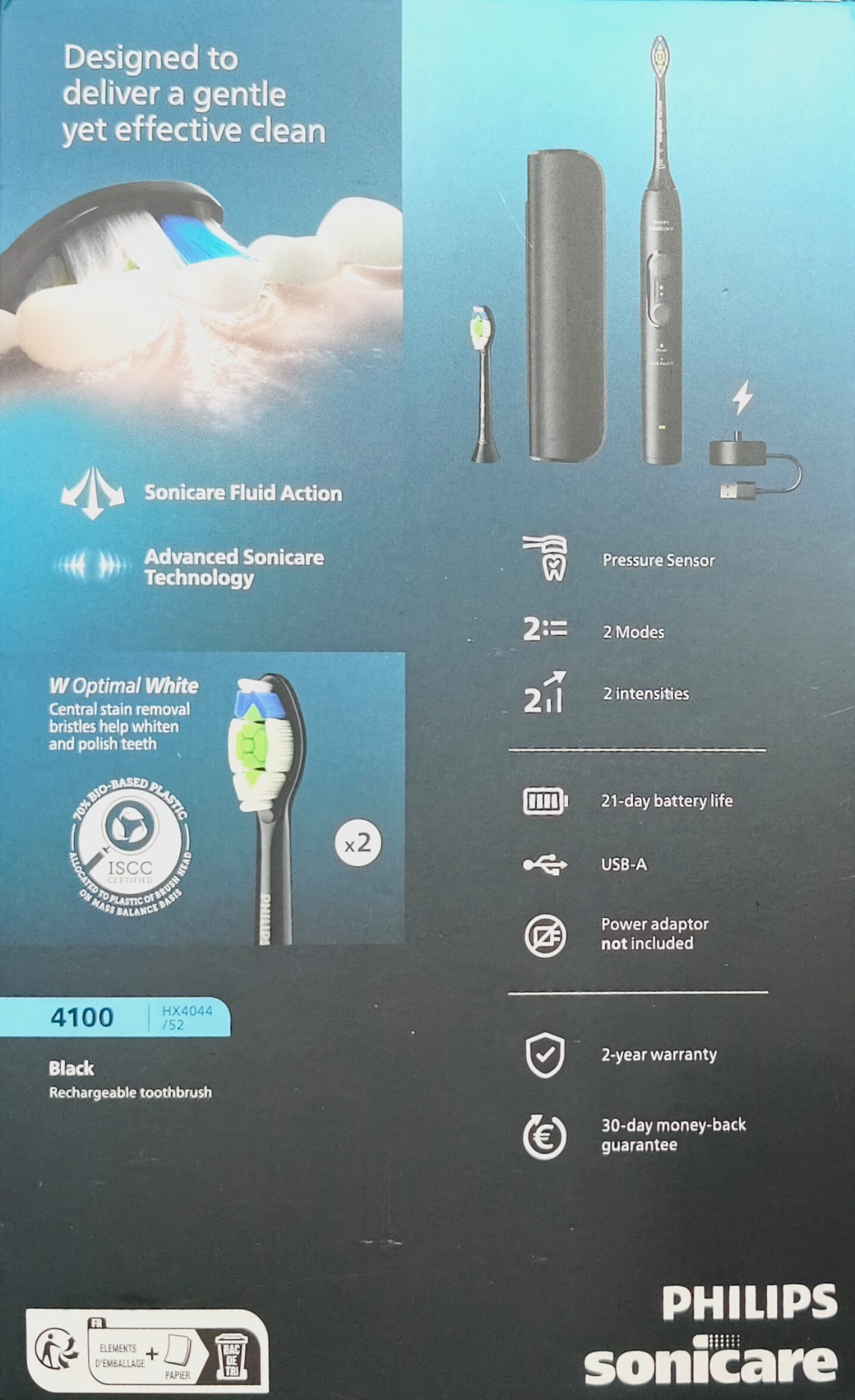 Philips Sonicare 4100 系列電動牙刷 - 聲波牙刷，附壓力感應器，4 種刷牙模式，EasyStart 啟動功能，智慧型計時器，旅行盒 HX4044/52，黑色 Philips Sonicare 4100 Electric Toothbrush with  4 Brushing Settings HX4044/52, Black