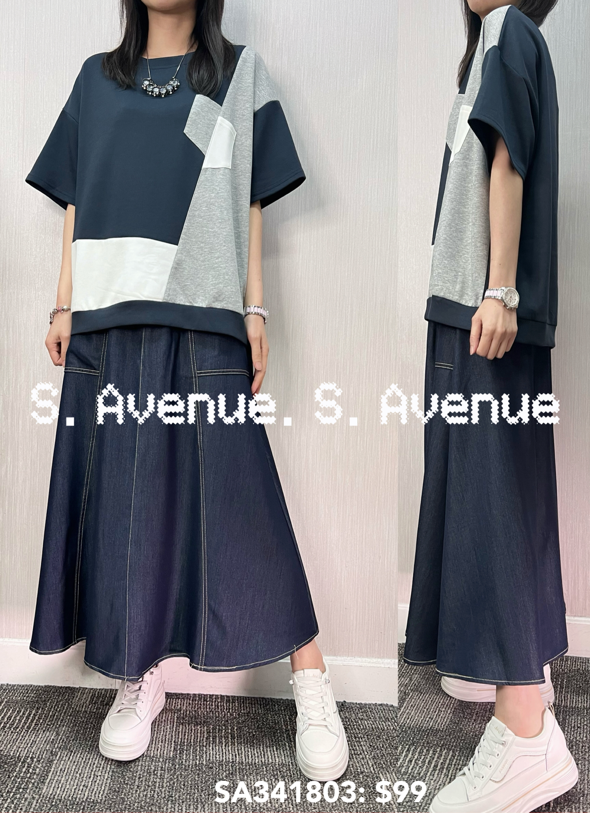 SA341803: 短袖拼布拼色鬆身tee