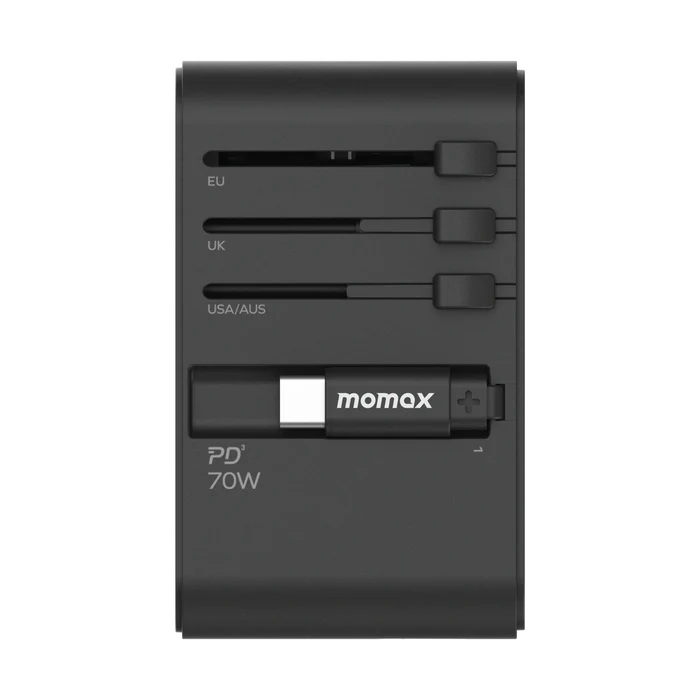 Momax 1-World+ 70W GaN 3插口及內置伸縮USB-C充電線旅行插座(黑色)