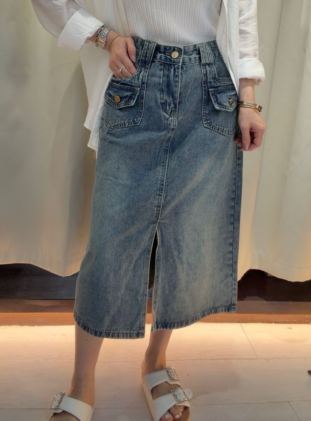 中高腰前開叉牛仔裙