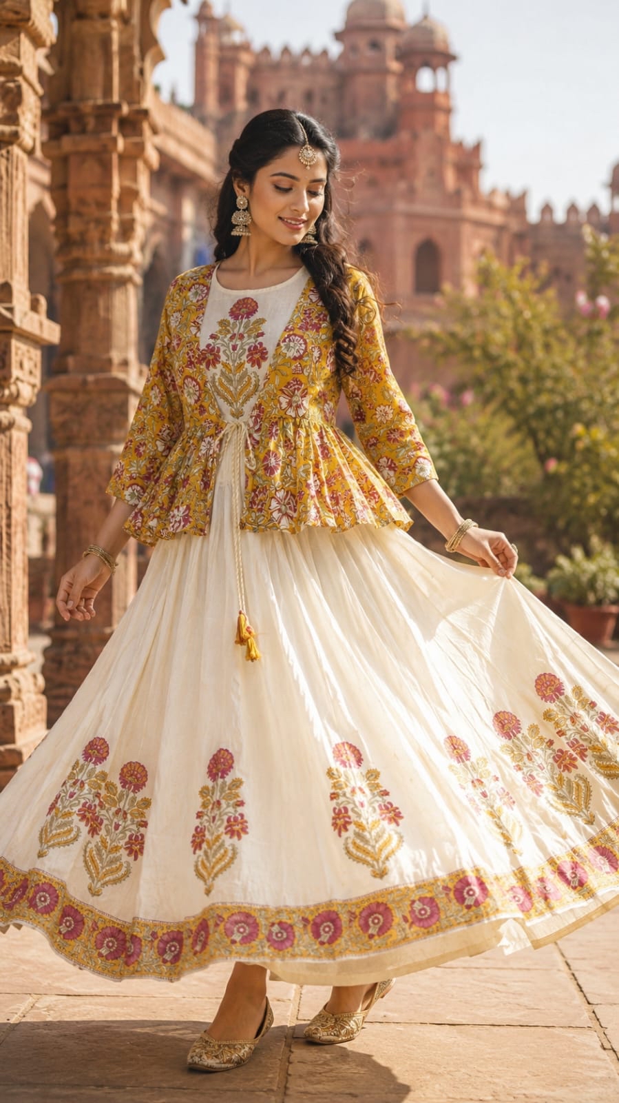 Butter Yellow floral Anarkali dress with Block print Jacket