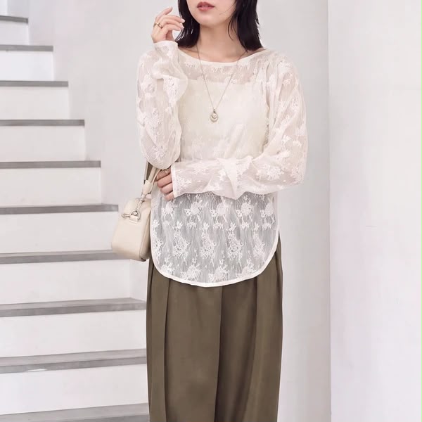 優雅蕾絲透膚長袖上衣 