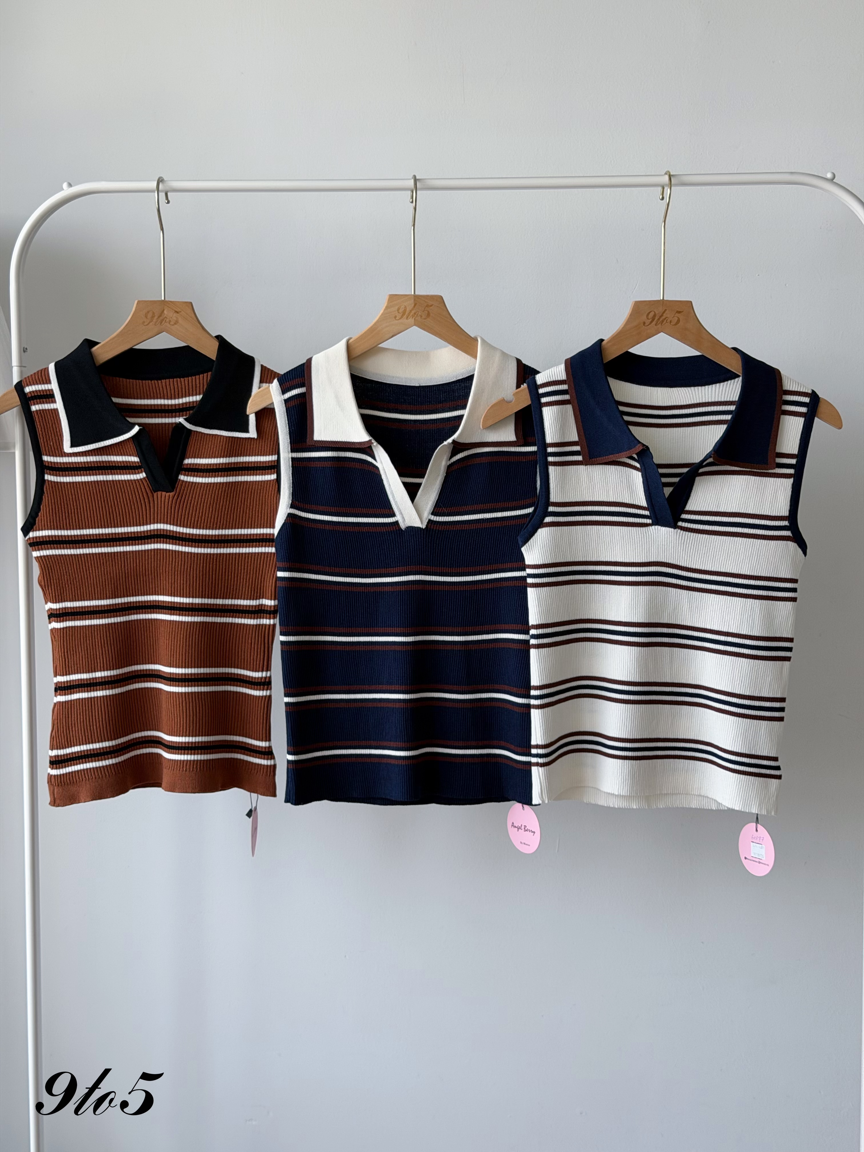 T4474 Sleeveless Striped Knit Polo Top - 5 Colors 