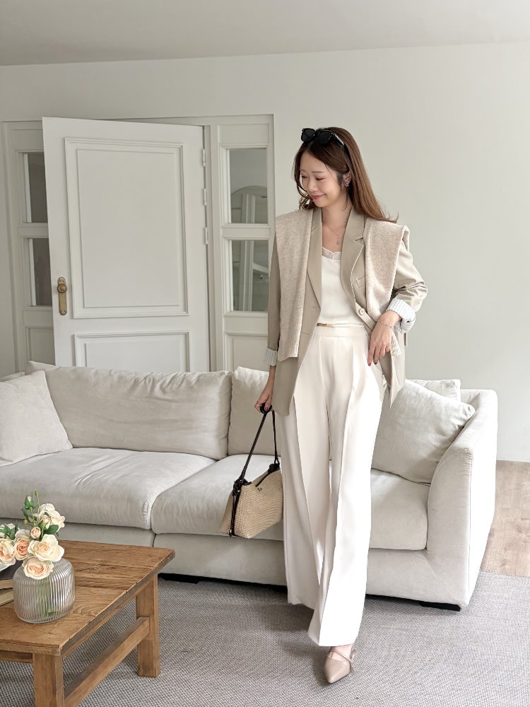 Margot Blazer with Striped Cuffs (Beige)