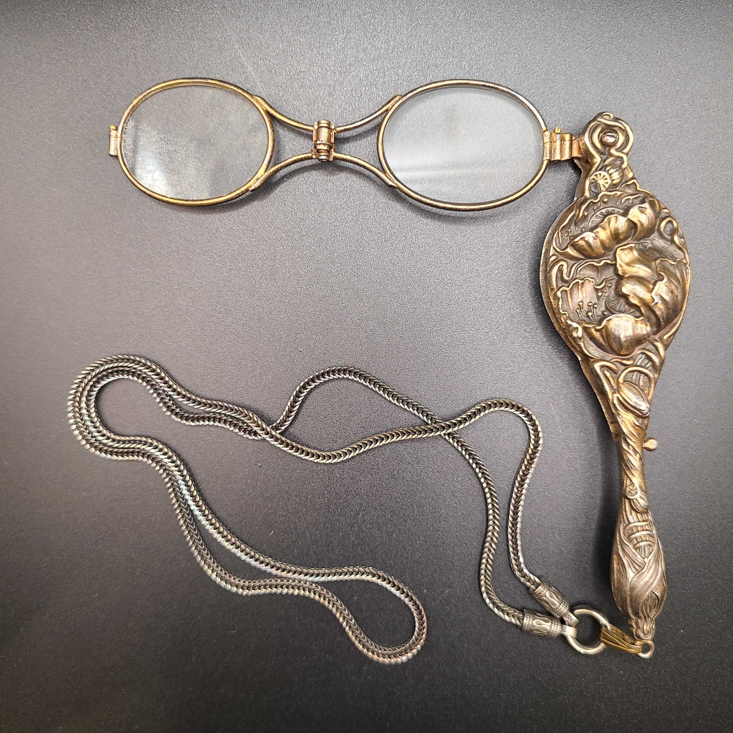 Art Nouveau 時期荷花銀包銅歌劇鏡飾lorgnettes glasses配純銀頸鍊