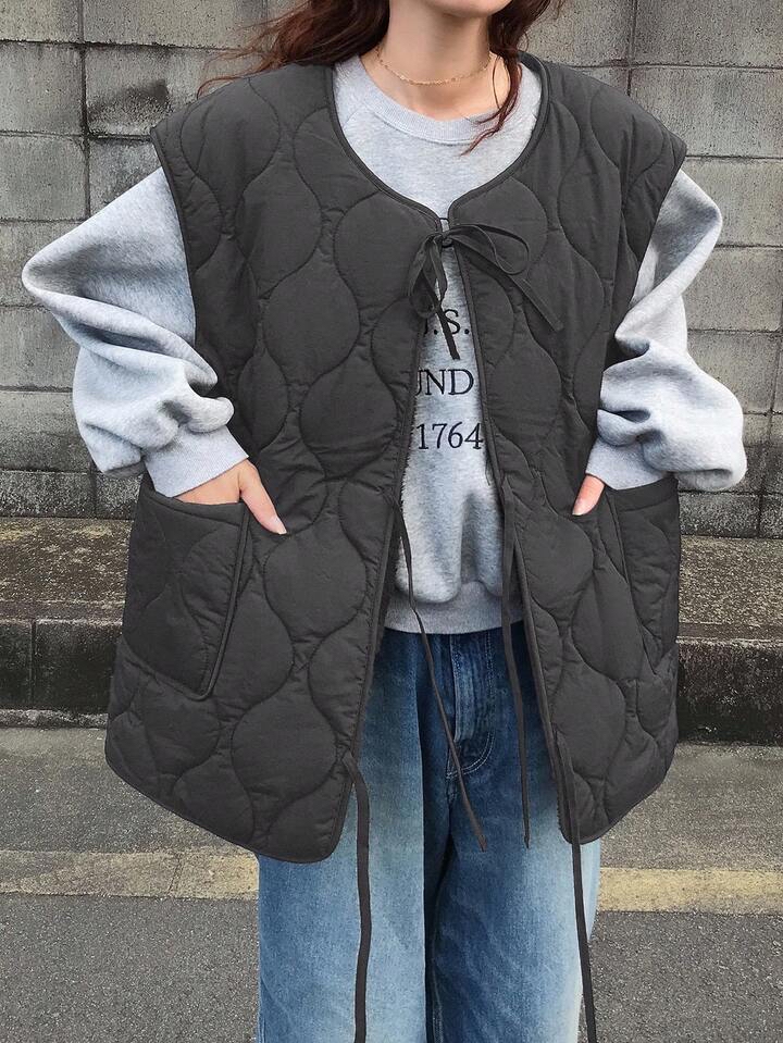 菱格紋綁帶背心外套