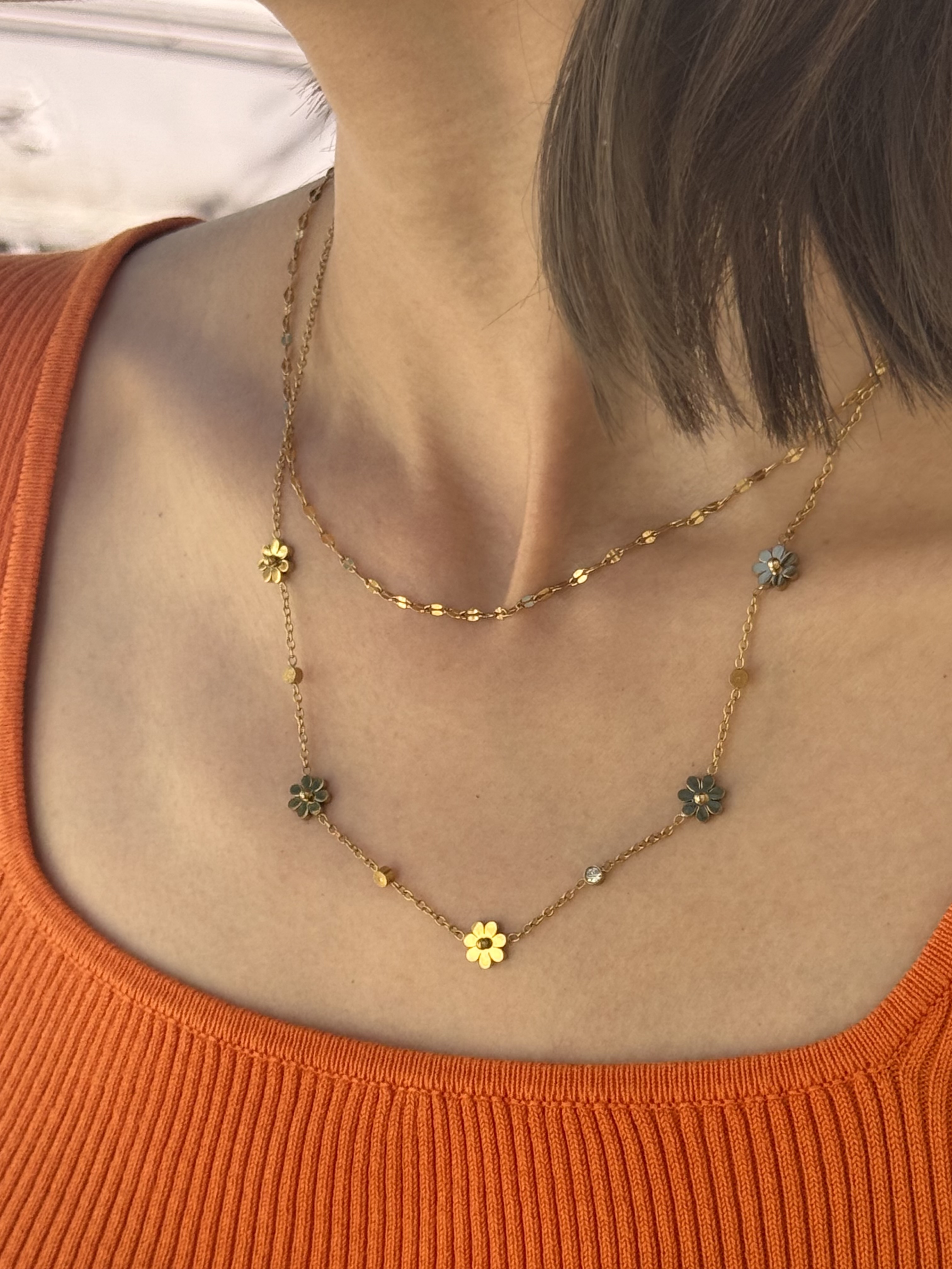 Gold flower set stainless necklace