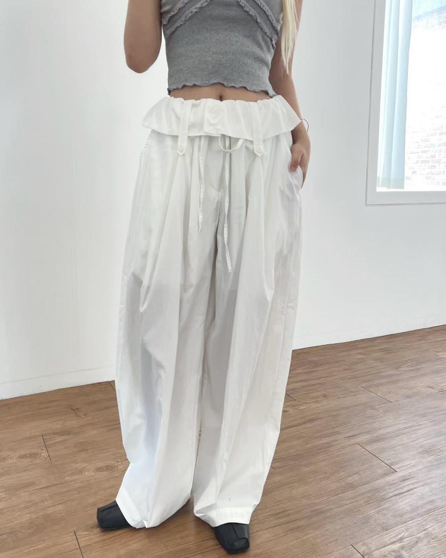 反摺腰頭皺布寬身褲