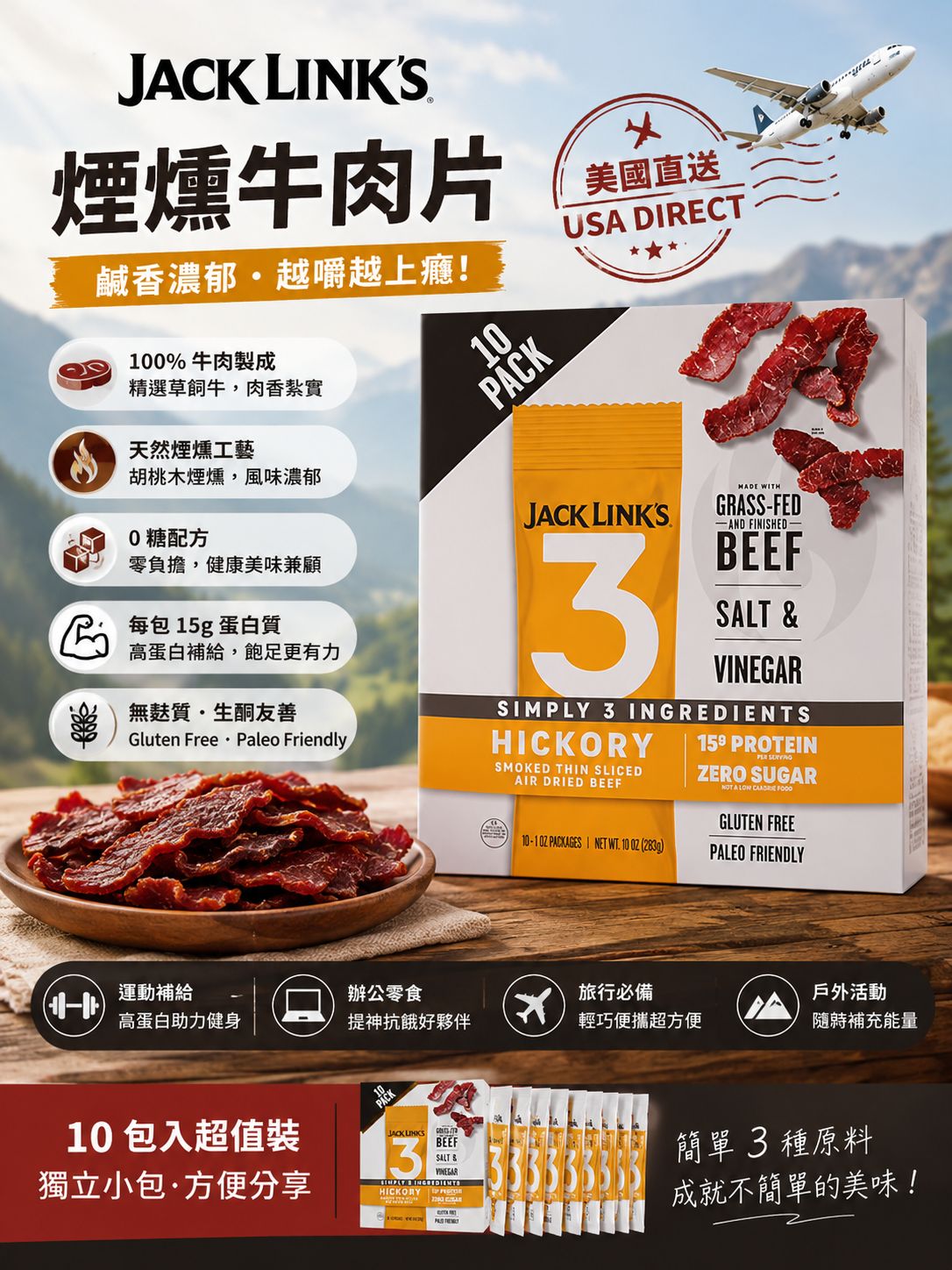 【預訂】美國 Jack Link's 煙燻牛肉片 (1盒10包)