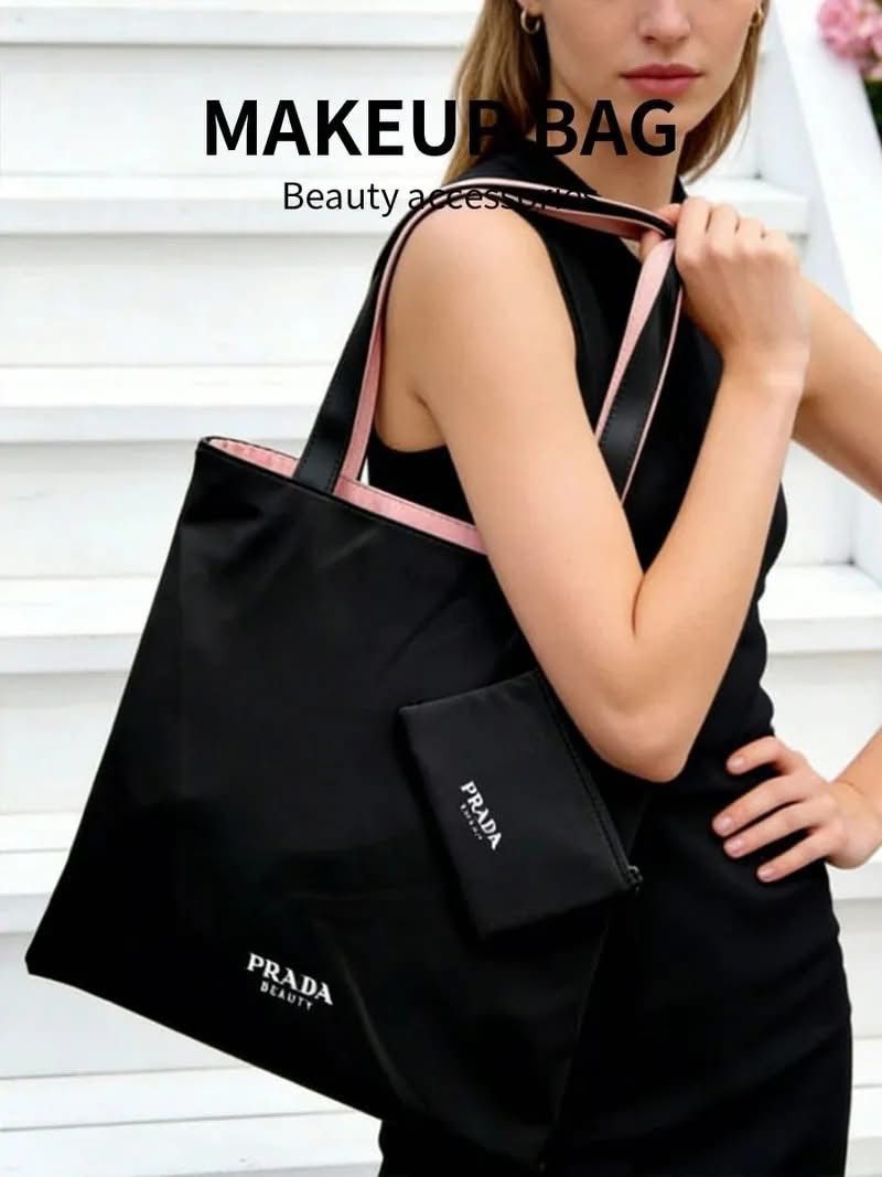 $125隻。P*rada Beauty 稀有贈品粉黑色雙面帆布購物袋連小收納袋