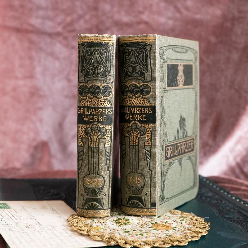 Antique Turn of 20th Century Rich Art Nouveau /Art Deco Graphic Franz Grillparzer's German Book Set of 2 (MW117)