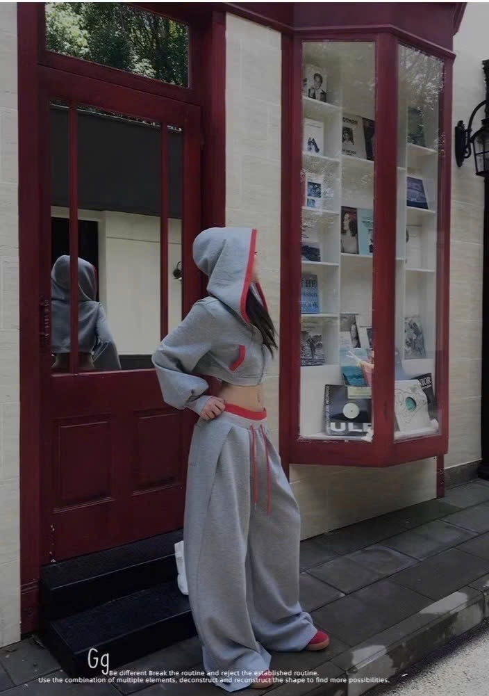 灰色和紅色长裤辣妹套裝