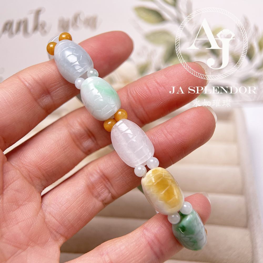 OF-06-C 天然翡翠A玉 - 冰潤三彩長壽吉祥龜貝手串