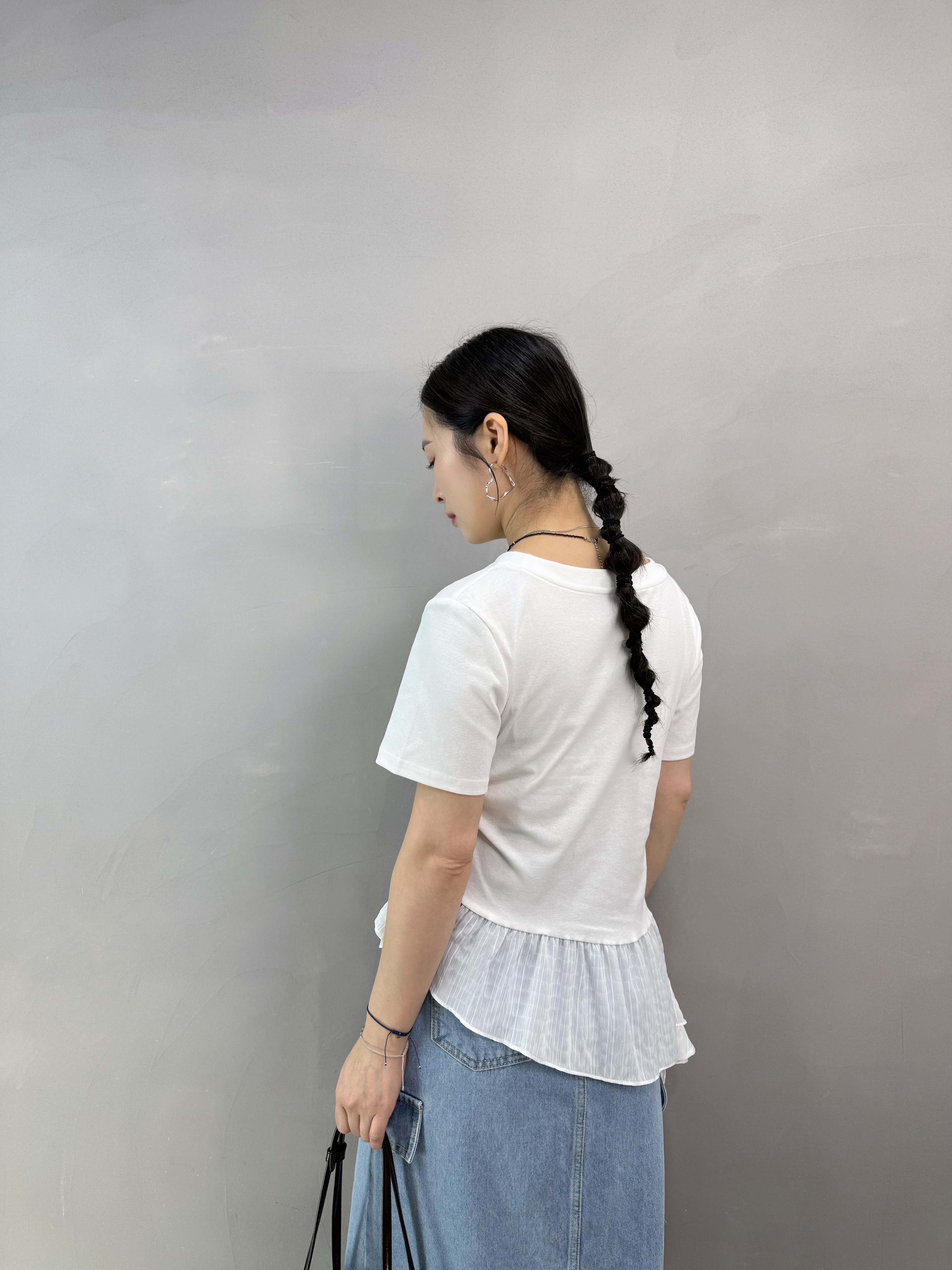 S76 棉質拼斜腳ruffle top