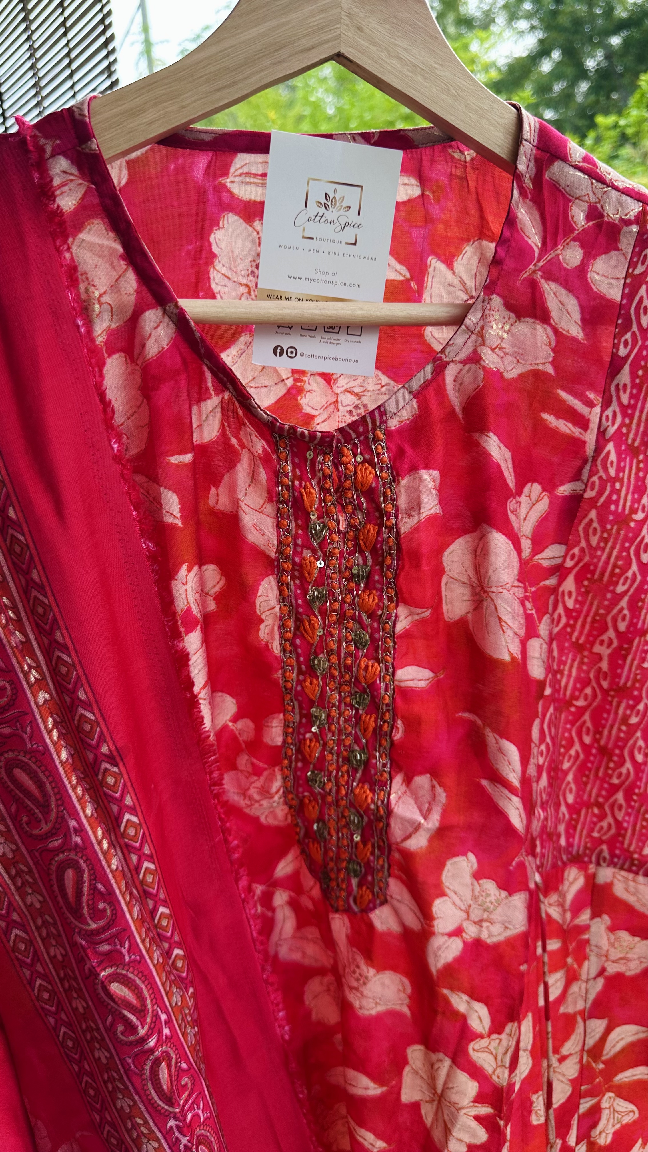 Red Floral Muslin Silk Anarkali set