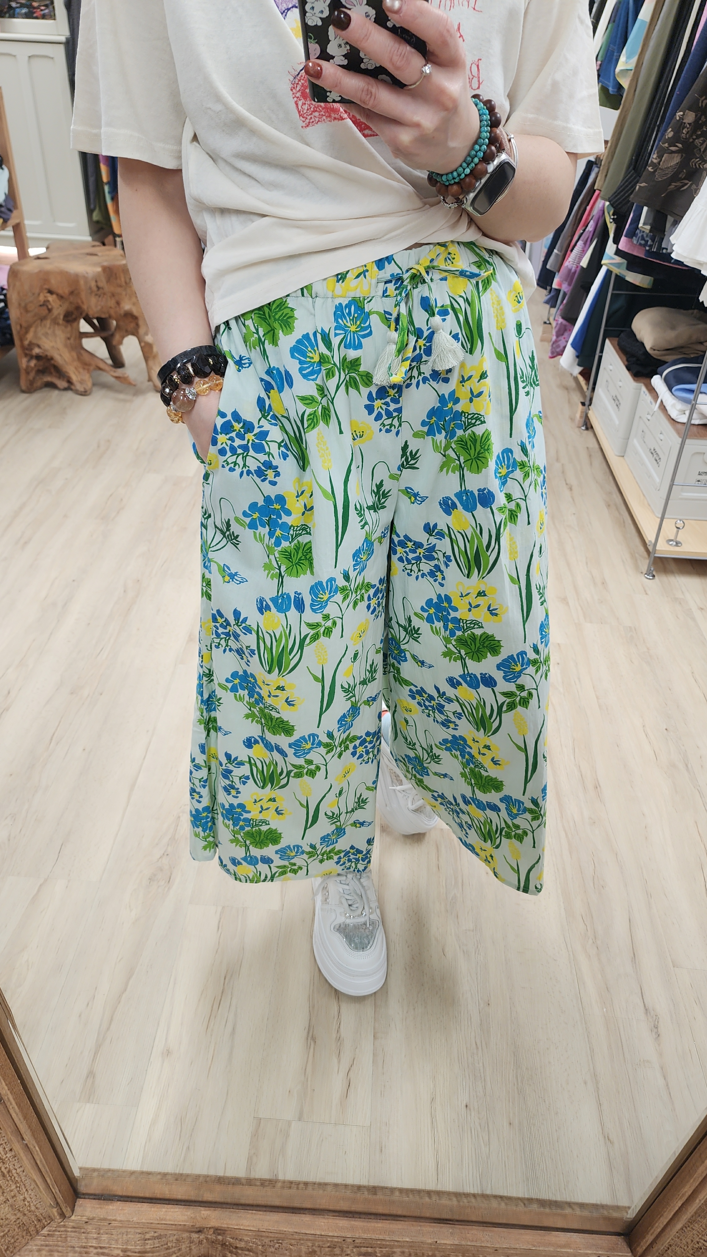 日牌粉藍花花圖案棉麻橡筋褲