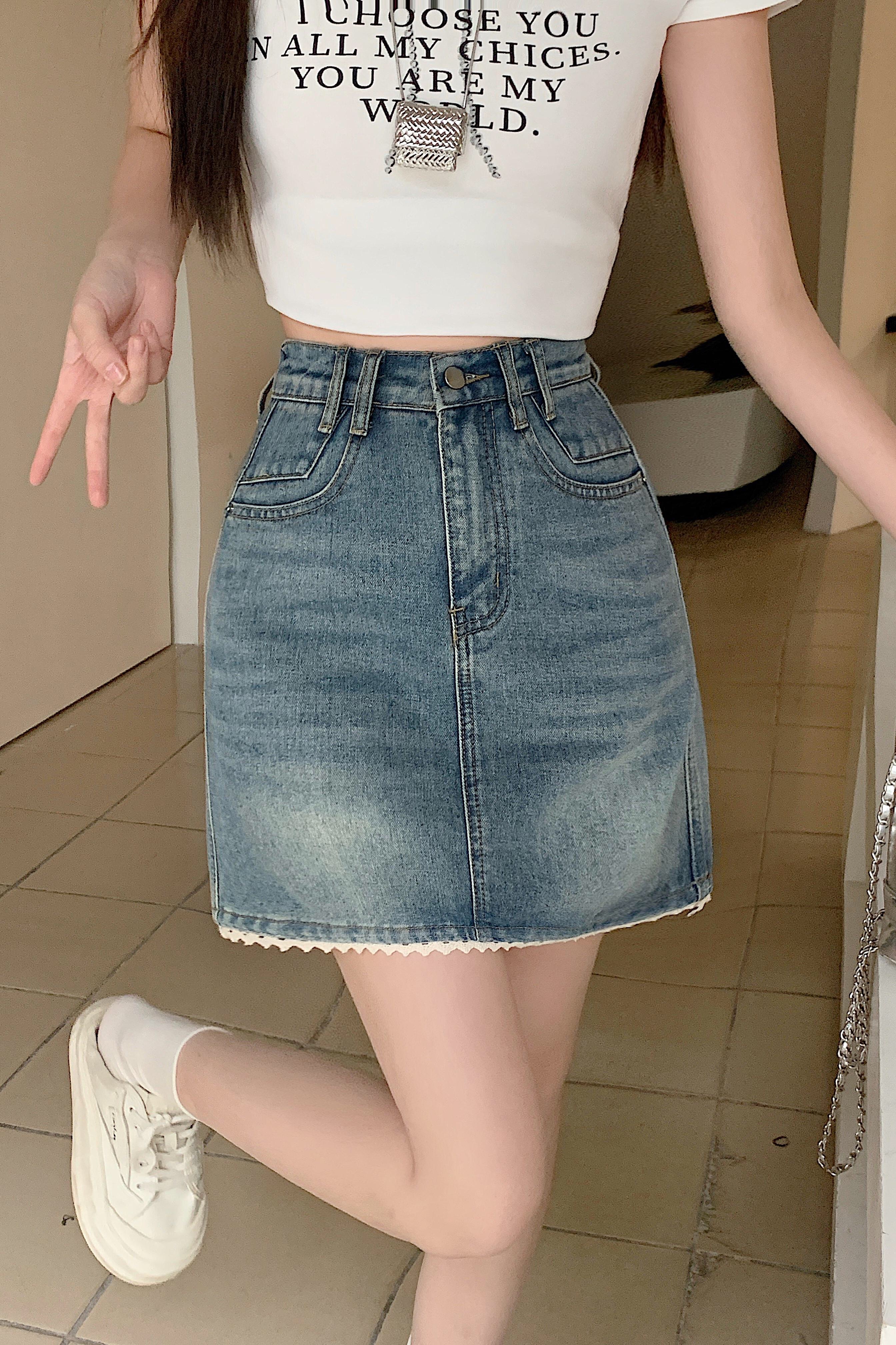 B228(65533) 韩版JEANS甜美风拼下摆边蕾丝蓝短裙