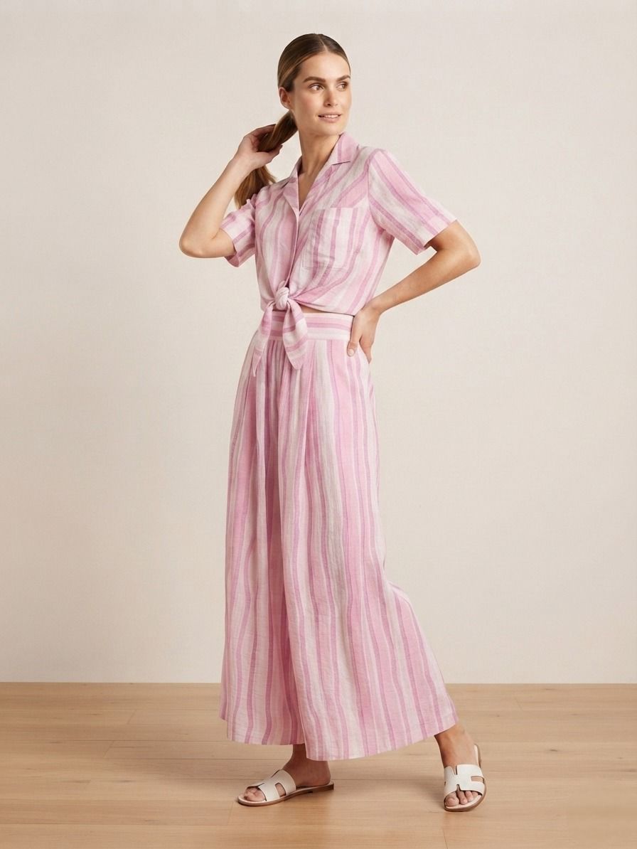 E8273BB Striped Tie-Front Short Sleeve Shirt