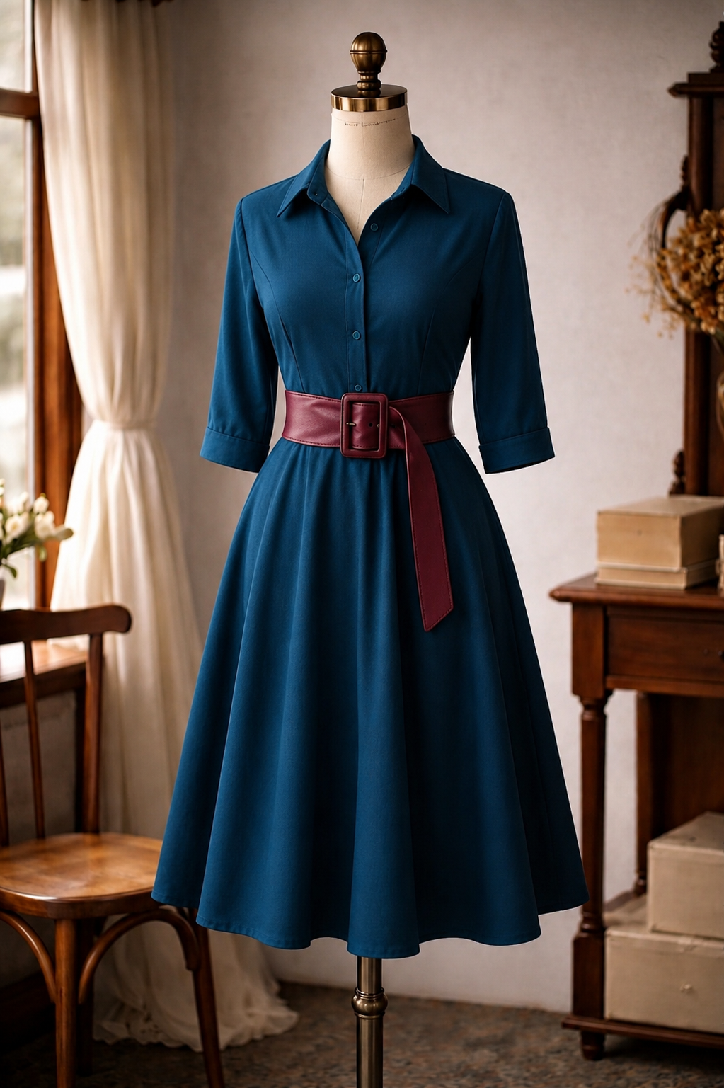 (Custom-Made) Midnight Heirloom Shirtdress with Vintage Buttons and Belt (FM237)