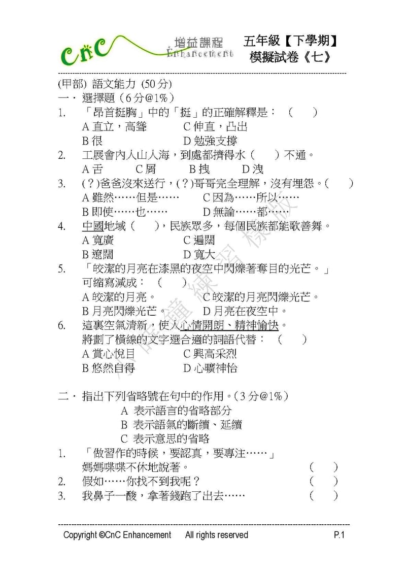 模擬試卷 (五年級)