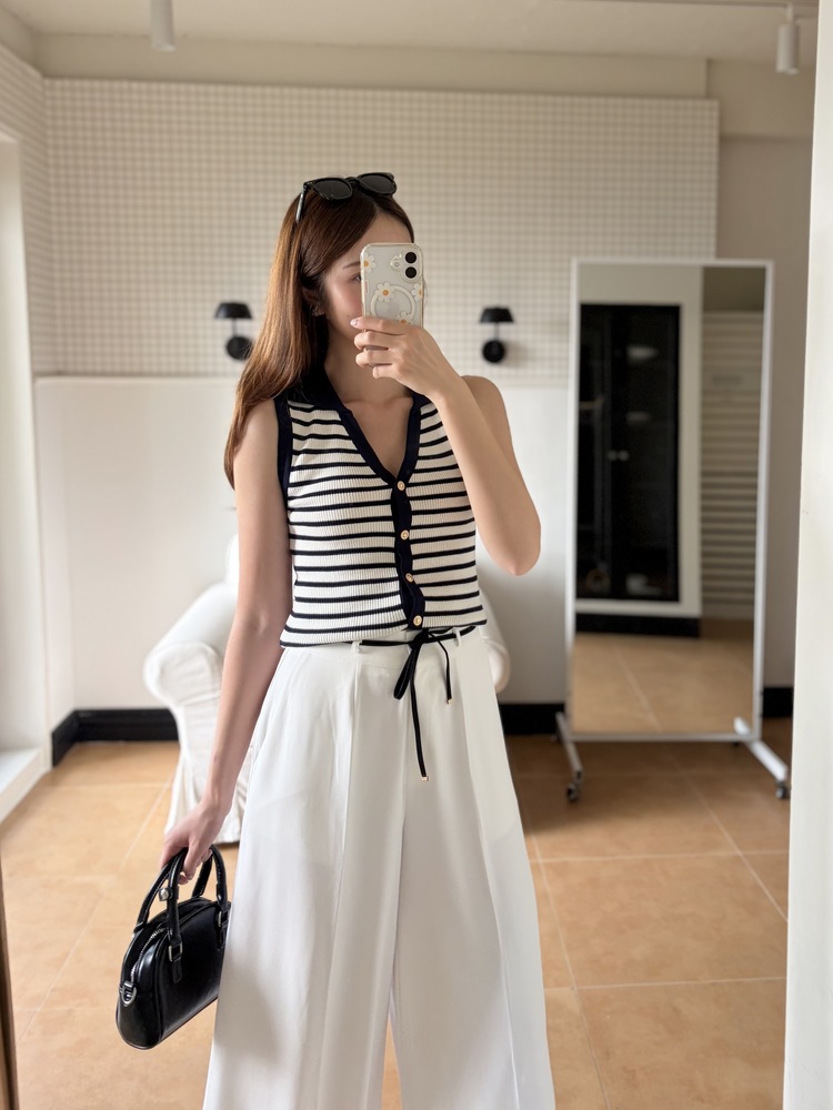[超涼!!] Contrast Belt Wide Leg Slacks (White)