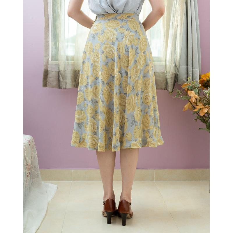 Vintage Japanese Romantic Yellow Rose Pattern Flare Skirt - Waist 26"(MT1606-60)