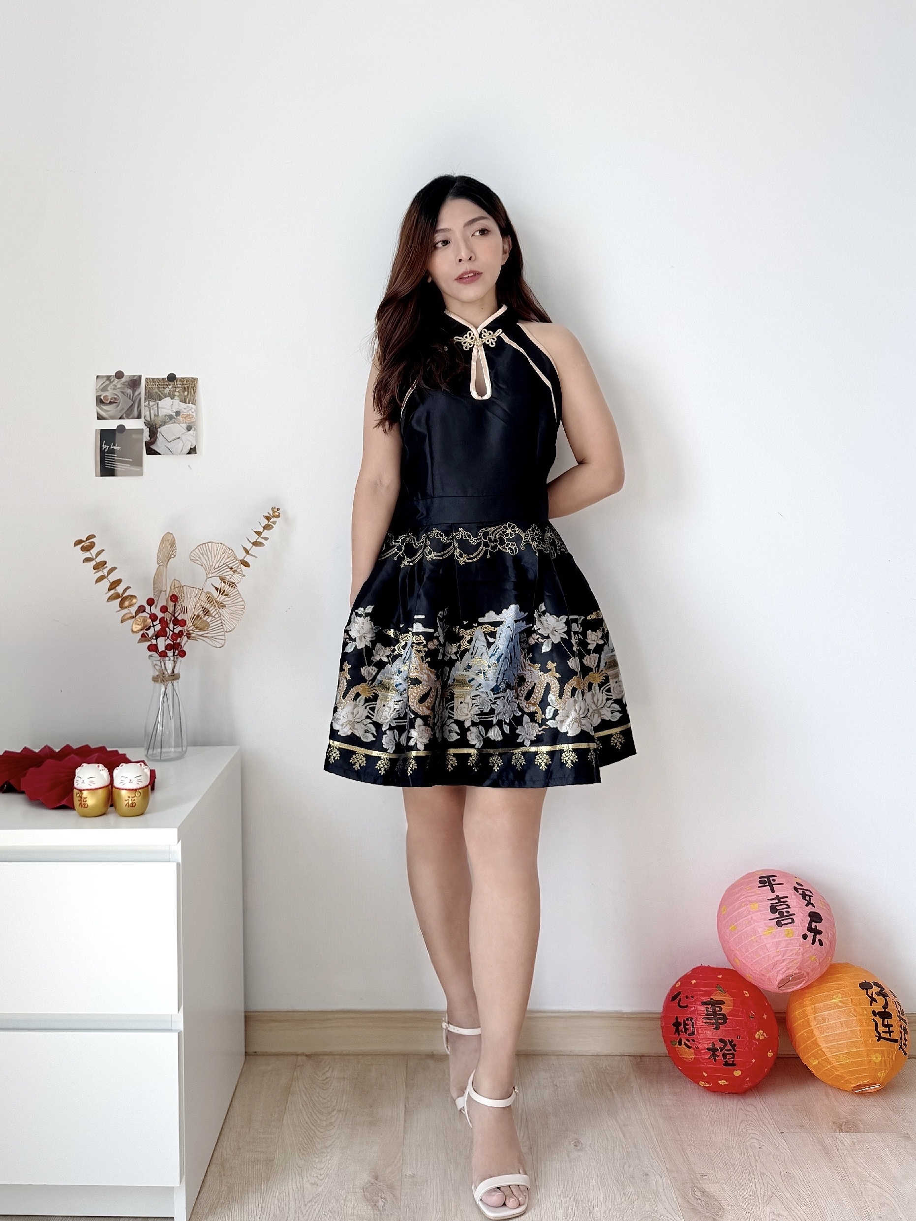 福利款原价RM109【Golden Phoenix Dress 锦绣烟雨 】新中式重工刺绣挂脖连衣裙（2 colours）Premium Quality