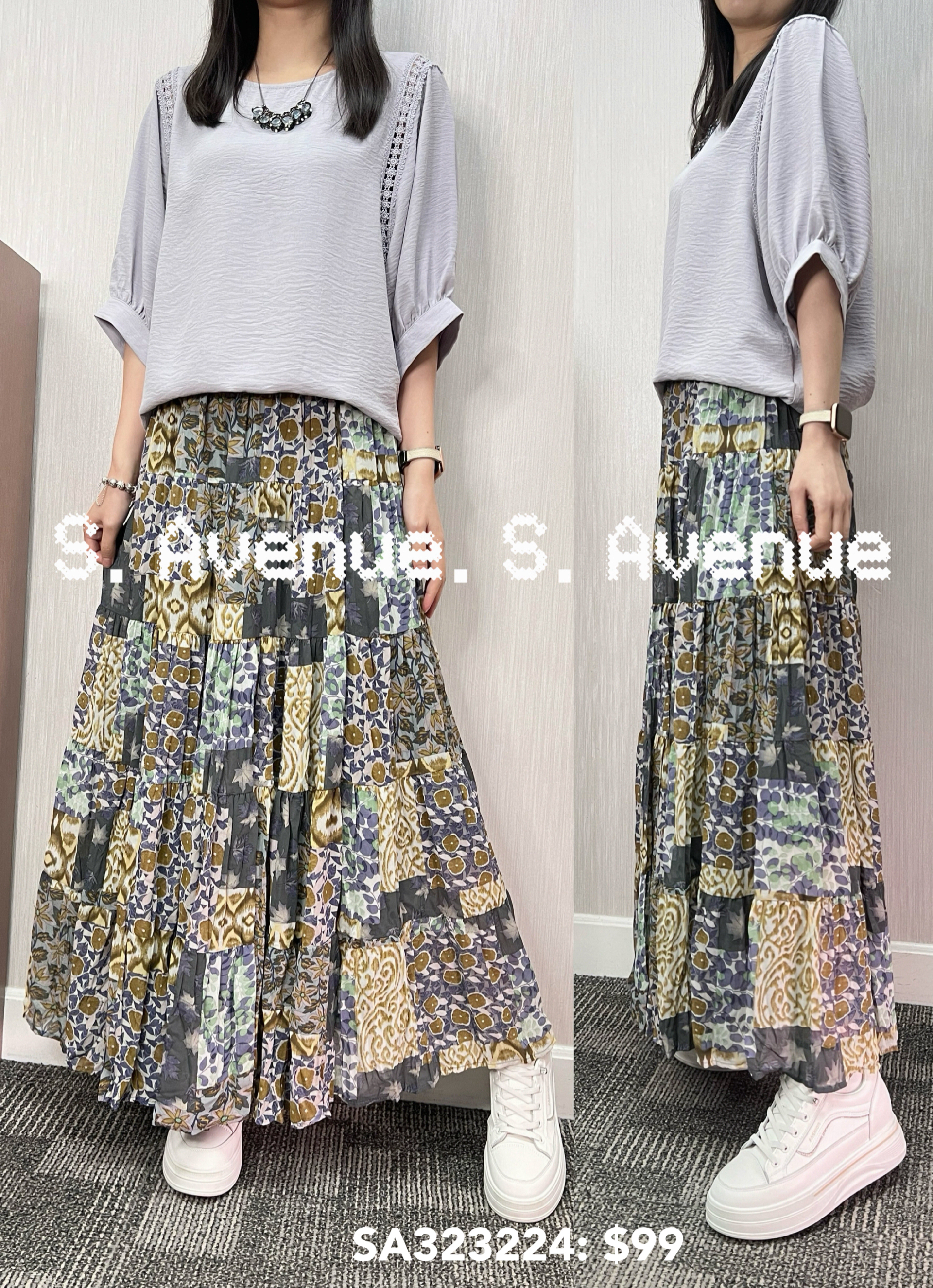 SA323224: 中袖側通花pattern雪紡top