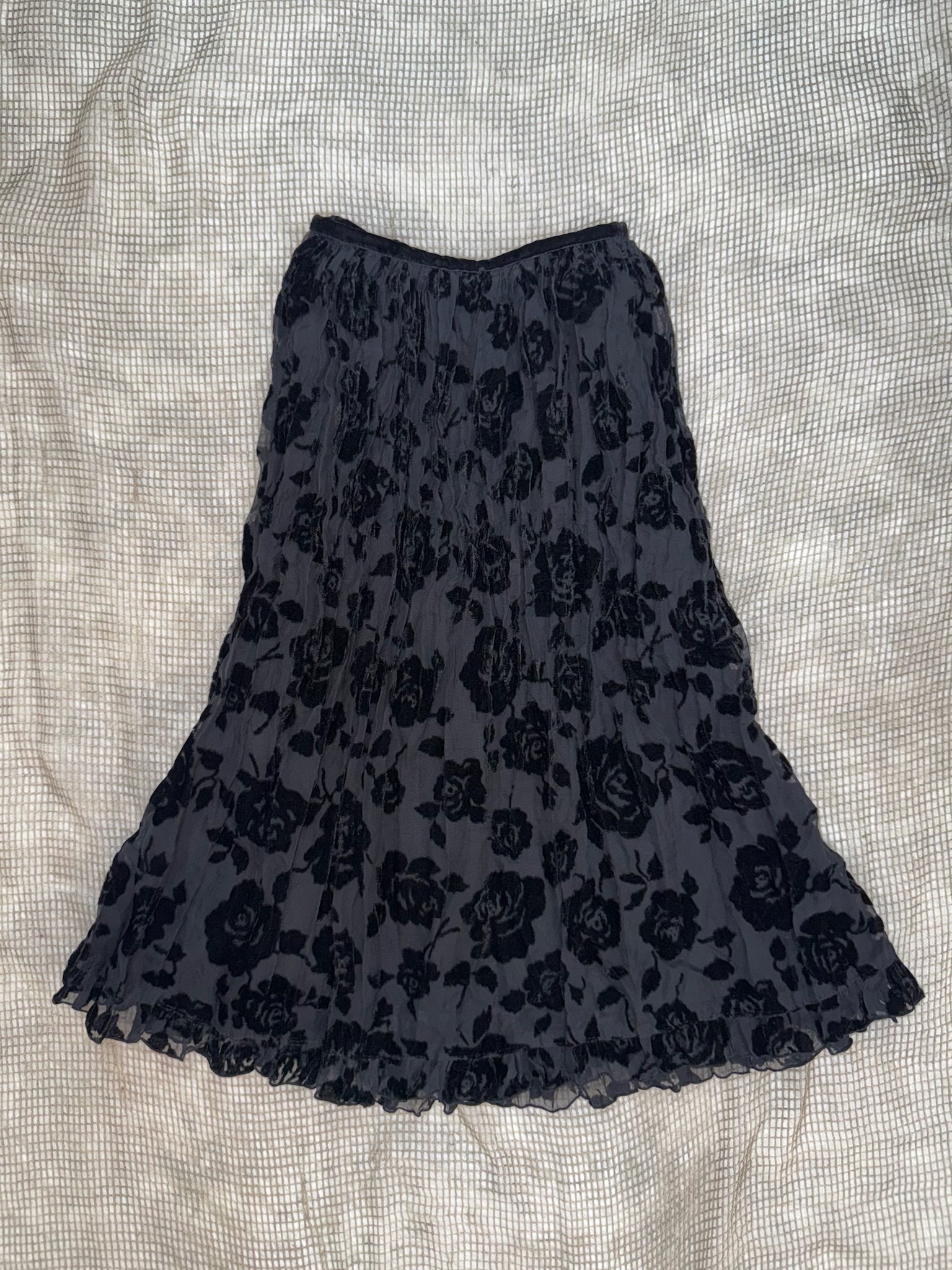 Gothic Romantic Flocked Floral Midi Skirt with Crinkled Detailing