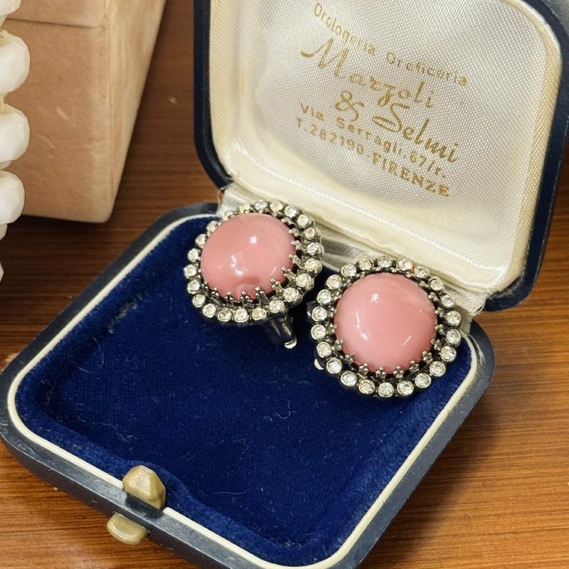 Vintage Czechoslovakian C.a. 1950s Moonglow Pink Glass and Rhinestone Clip Earrings(NZ015-2)