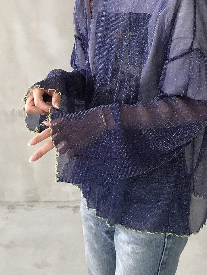 （多色）閃亮透視長袖上衣