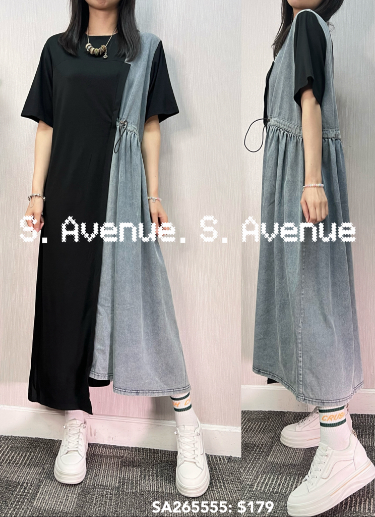 SA265555: 短袖側拼牛仔束腰顯瘦op