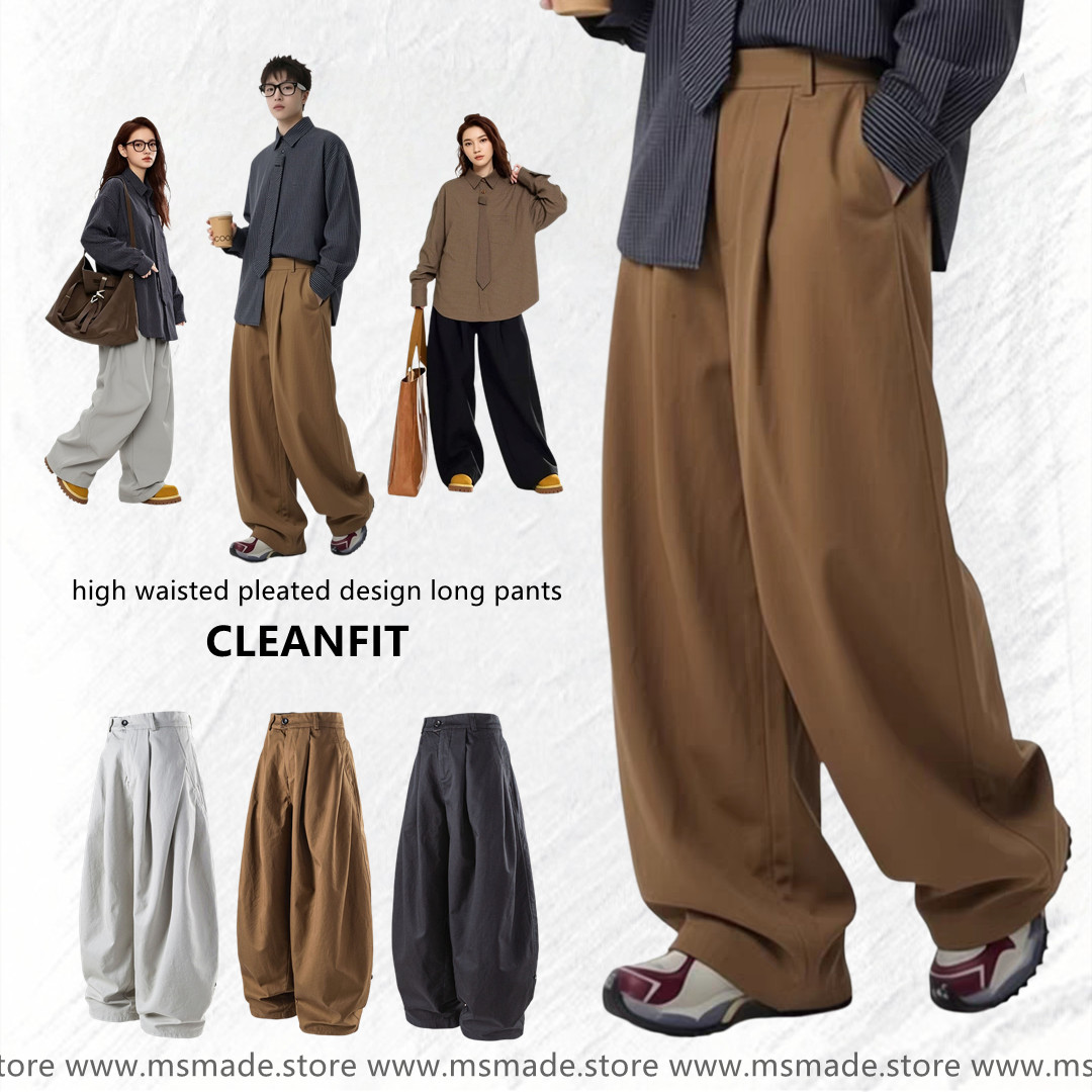 M2538高腰皺褶設計感落地褲