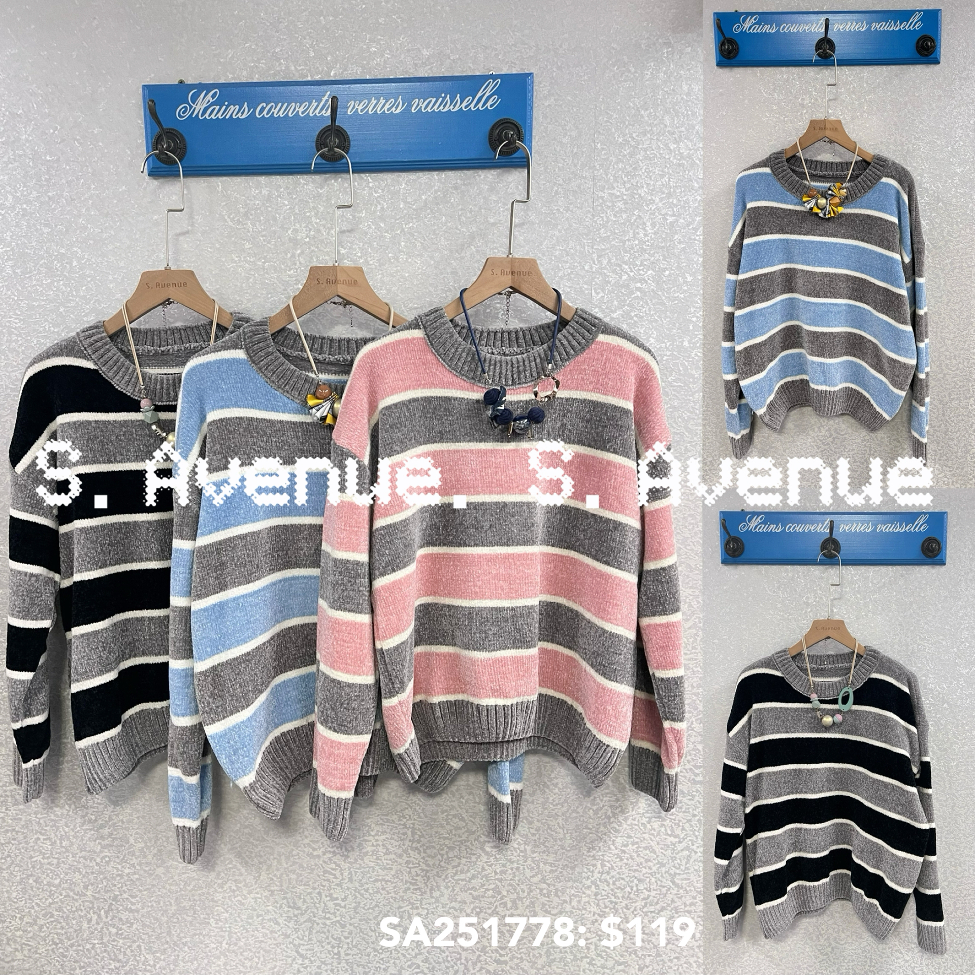 SA251778: 長袖滑絨冷間條top