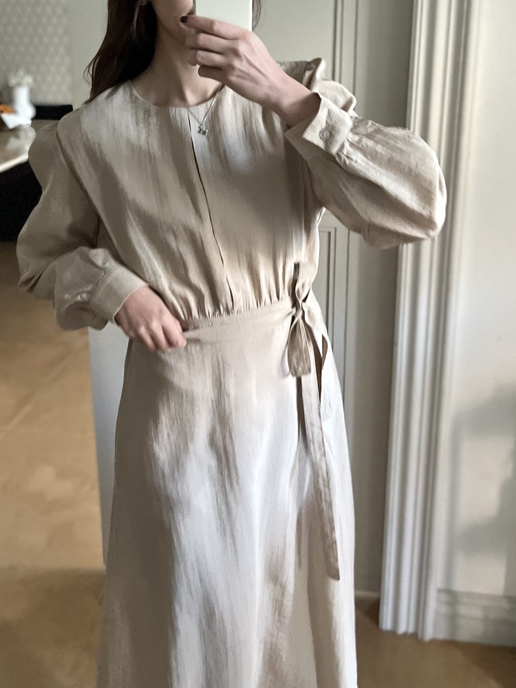 Pleated Yoke Detail Dress (Beige)