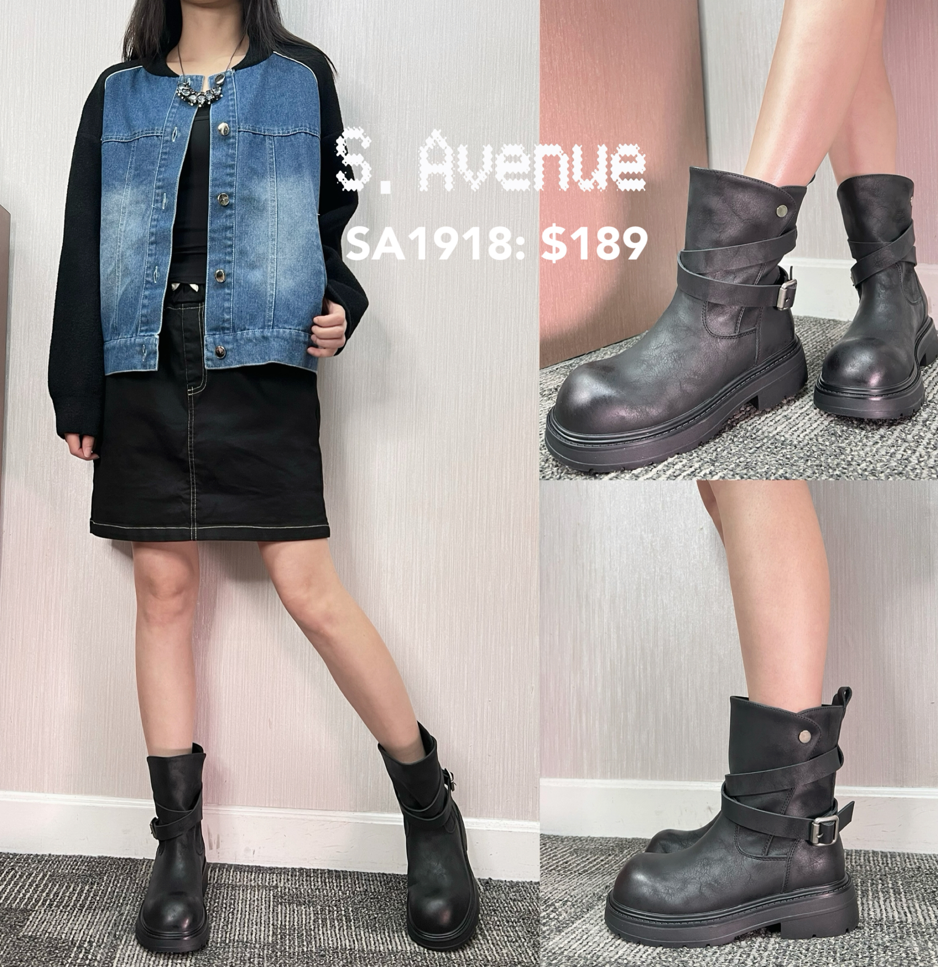 SA1916:  圓頭交叉帶仿皮厚底boot