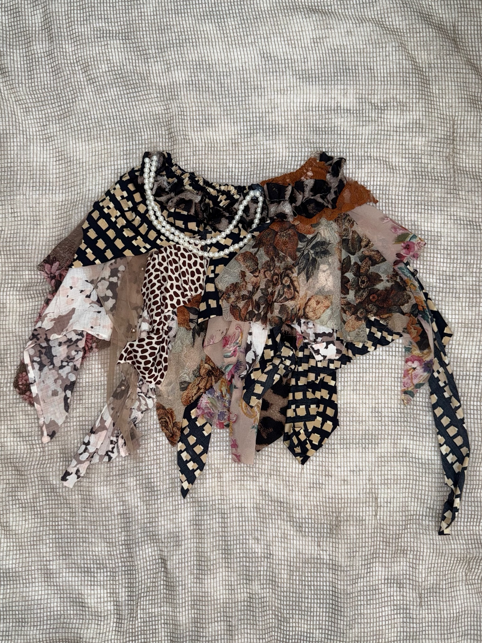 Fairy Grunge Pearls Mixed Remade Skirt [Brown Floral]
